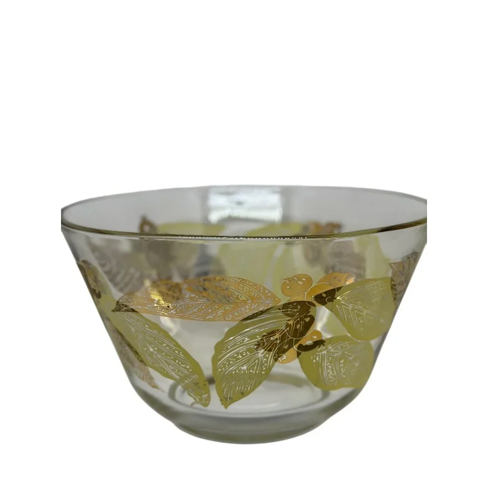 Vintage Anchor Hocking Gold Painted Fruit & Leaves MCM Glass Snack Bowl 6